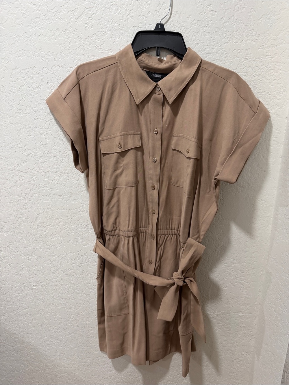 Simply Vera Vera Wang Taupe Short-Sleeve Button Front Tie-Waist Dress